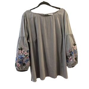 Liz Claiborne Women Blouse XXL Blue Pinstripe Embroidered Sleeves Classic 085